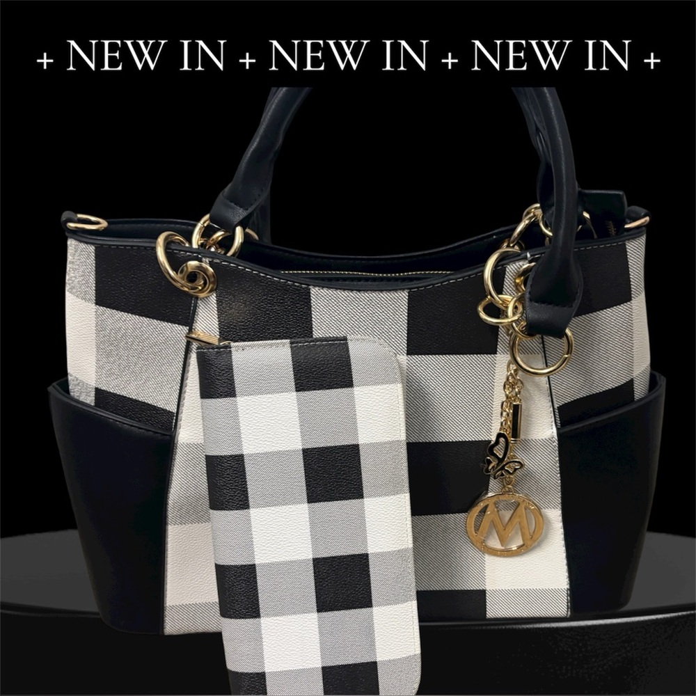 Michael Kors Black & White Checkered Tote with Gold MK Charm